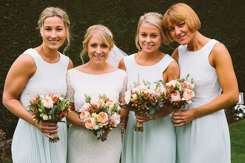 bridesmaids in mint green, ted baker bridesmaids dresses, summer wedding, rustic barn wedding, peach wedding bouquet, jonny draper photography