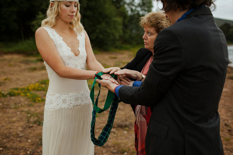 boho bride, elopement, woodland elopement, scottish wedding, flannels australia wedding dress, christopher currie photography, intimate outdoor wedding, humanist wedding, handfasting ribbons