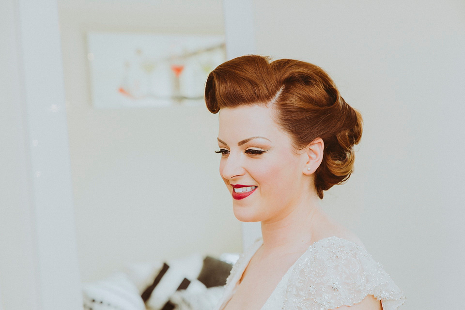 mid century vintage style wedding, floral bridesmaids dresses, Ellis Bridal wedding dress, red haired bride, 40s inspired wedding, 50s inspired wedding, shutter go click photography