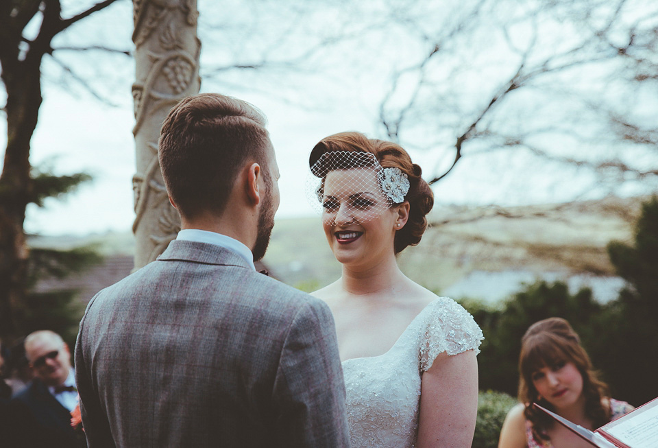 mid century vintage style wedding, floral bridesmaids dresses, Ellis Bridal wedding dress, red haired bride, 40s inspired wedding, 50s inspired wedding, shutter go click photography