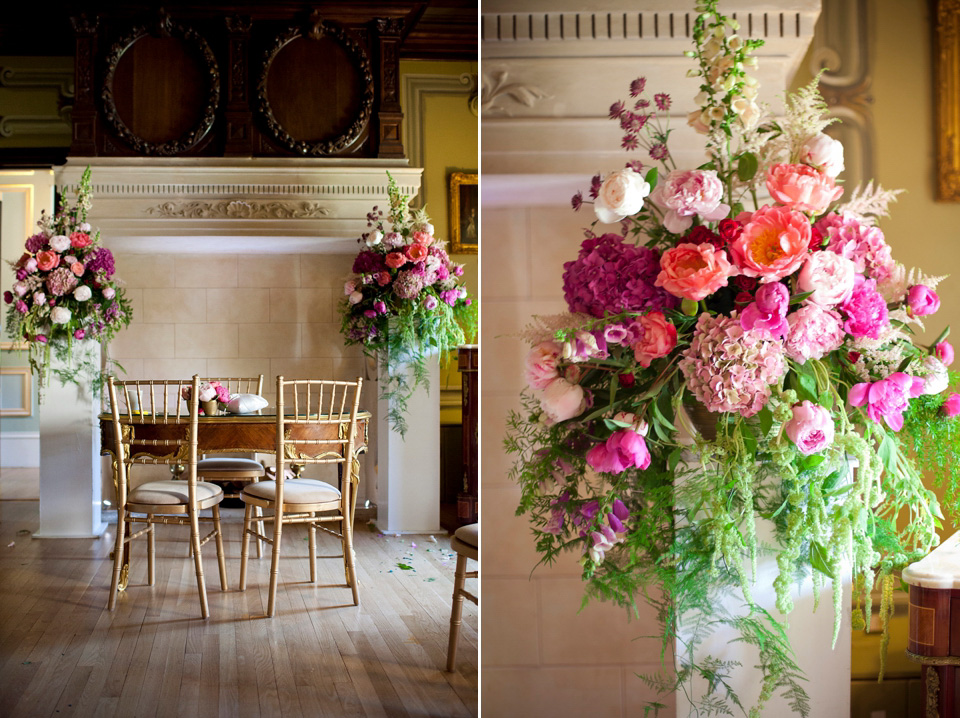 Tatyana Merenyuk wedding dress, black tie wedding, pink peonies, wedding peonies, Chinese bride, Fetcham Park Wedding Venue, Surrey. Photography by Emma Sekhon.