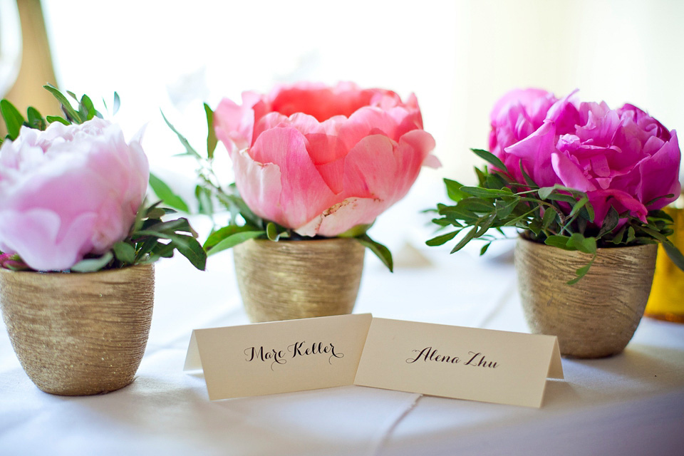 Tatyana Merenyuk wedding dress, black tie wedding, pink peonies, wedding peonies, Chinese bride, Fetcham Park Wedding Venue, Surrey. Photography by Emma Sekhon.