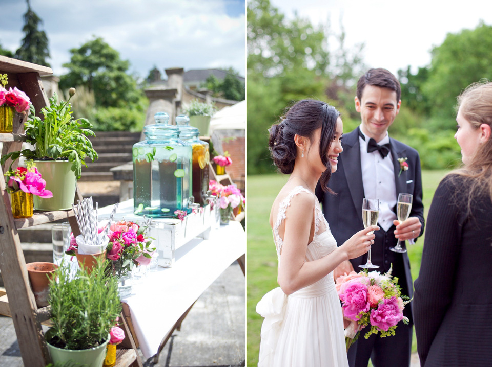 Tatyana Merenyuk wedding dress, black tie wedding, pink peonies, wedding peonies, Chinese bride, Fetcham Park Wedding Venue, Surrey. Photography by Emma Sekhon.