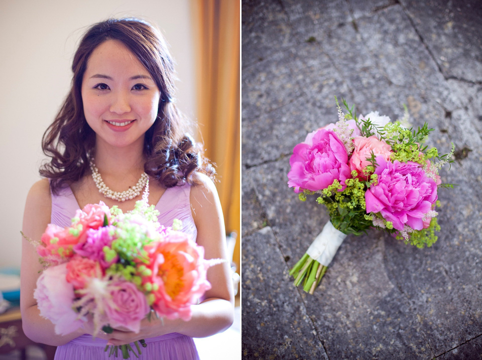 Tatyana Merenyuk wedding dress, black tie wedding, pink peonies, wedding peonies, Chinese bride, Fetcham Park Wedding Venue, Surrey. Photography by Emma Sekhon.