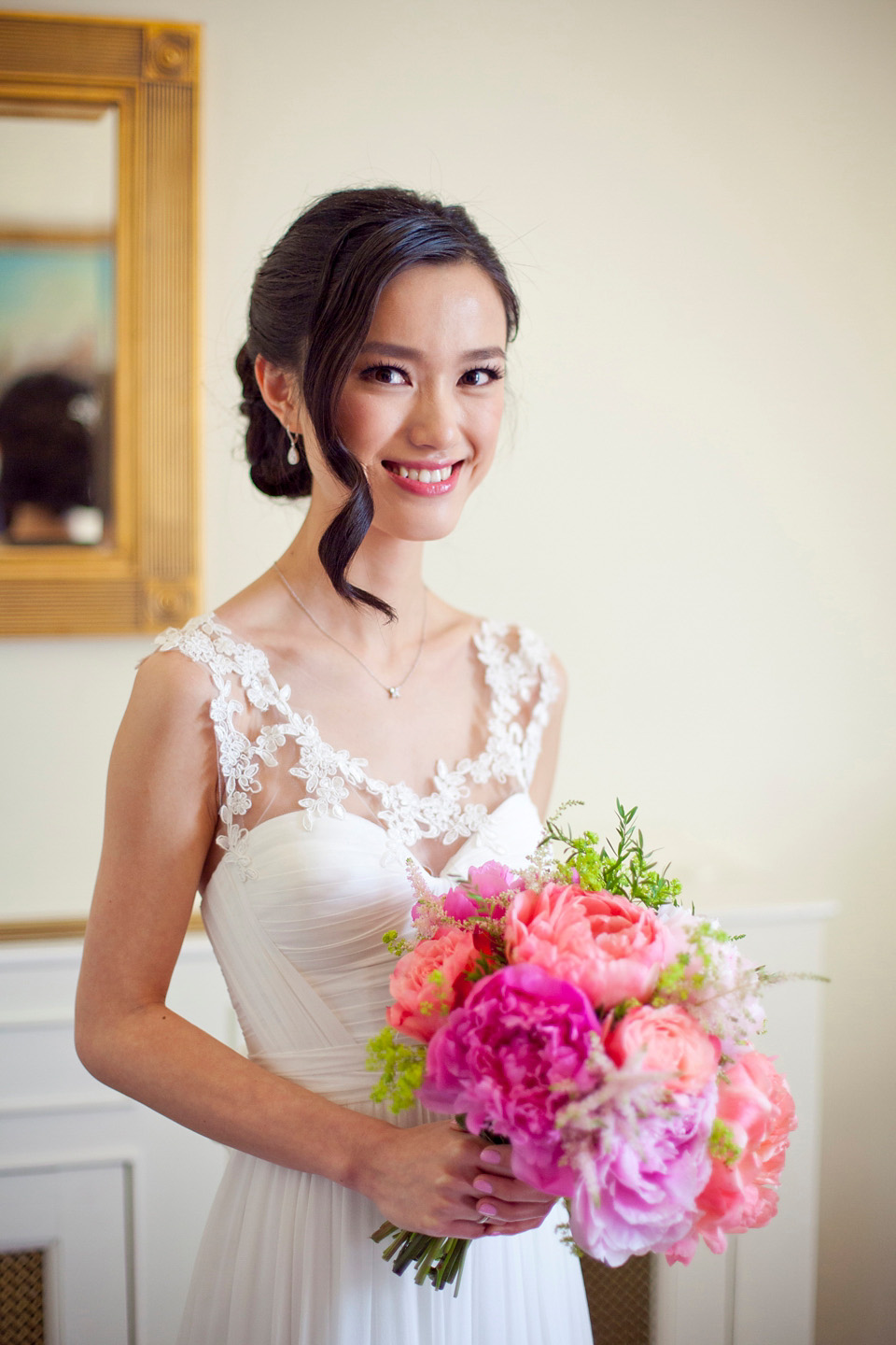 Tatyana Merenyuk wedding dress, black tie wedding, pink peonies, wedding peonies, Chinese bride, Fetcham Park Wedding Venue, Surrey. Photography by Emma Sekhon.