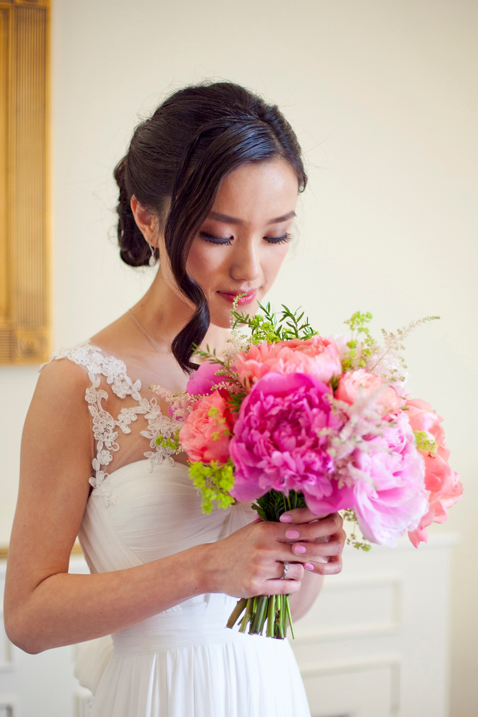 Tatyana Merenyuk wedding dress, black tie wedding, pink peonies, wedding peonies, Chinese bride, Fetcham Park Wedding Venue, Surrey. Photography by Emma Sekhon.