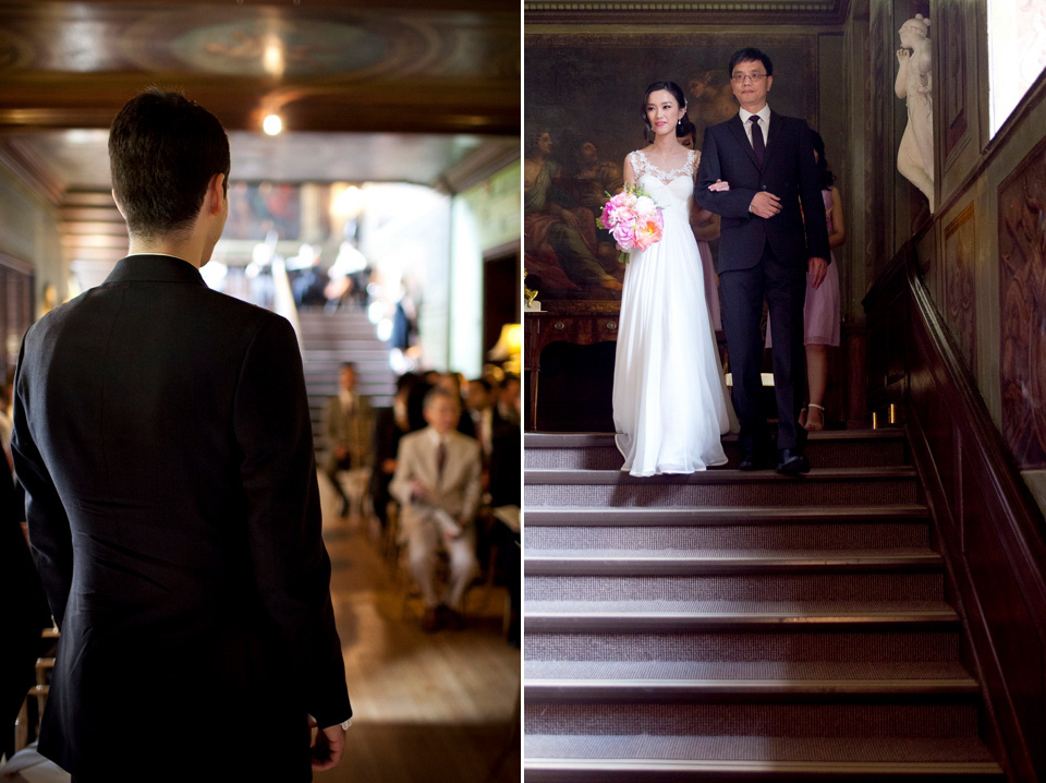 Tatyana Merenyuk wedding dress, black tie wedding, pink peonies, wedding peonies, Chinese bride, Fetcham Park Wedding Venue, Surrey. Photography by Emma Sekhon.