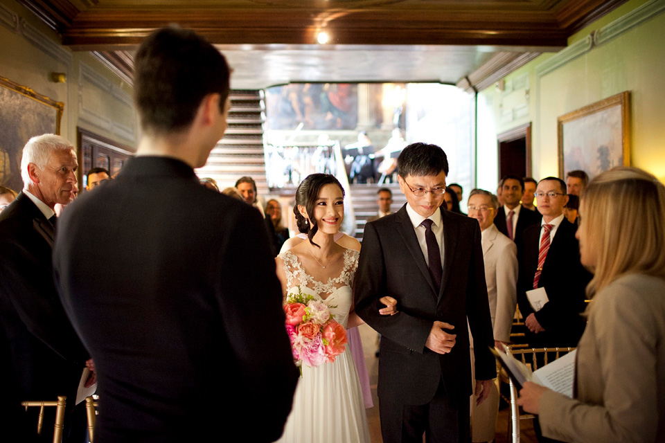 Tatyana Merenyuk wedding dress, black tie wedding, pink peonies, wedding peonies, Chinese bride, Fetcham Park Wedding Venue, Surrey. Photography by Emma Sekhon.