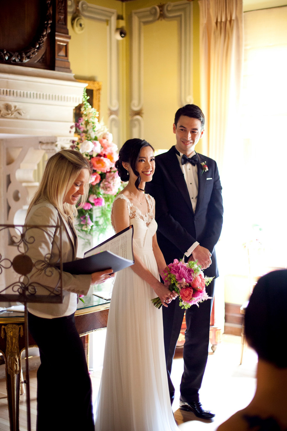 Tatyana Merenyuk wedding dress, black tie wedding, pink peonies, wedding peonies, Chinese bride, Fetcham Park Wedding Venue, Surrey. Photography by Emma Sekhon.