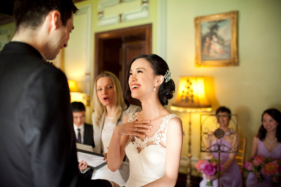 Tatyana Merenyuk wedding dress, black tie wedding, pink peonies, wedding peonies, Chinese bride, Fetcham Park Wedding Venue, Surrey. Photography by Emma Sekhon.