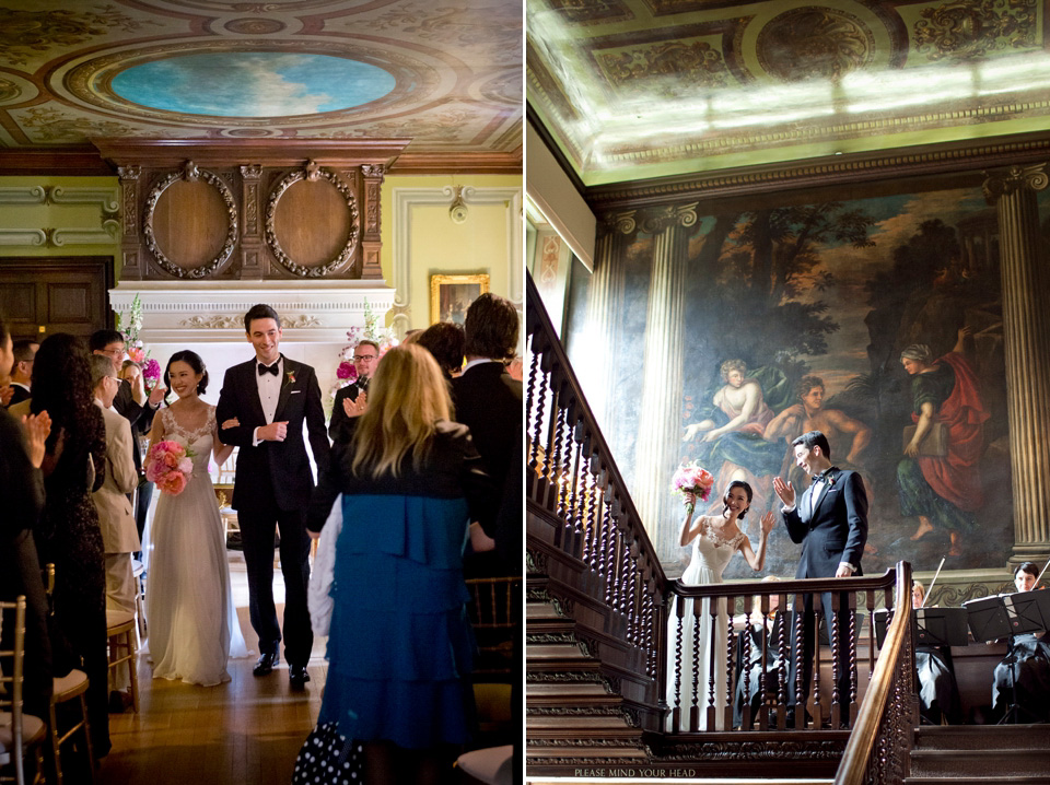 Tatyana Merenyuk wedding dress, black tie wedding, pink peonies, wedding peonies, Chinese bride, Fetcham Park Wedding Venue, Surrey. Photography by Emma Sekhon.