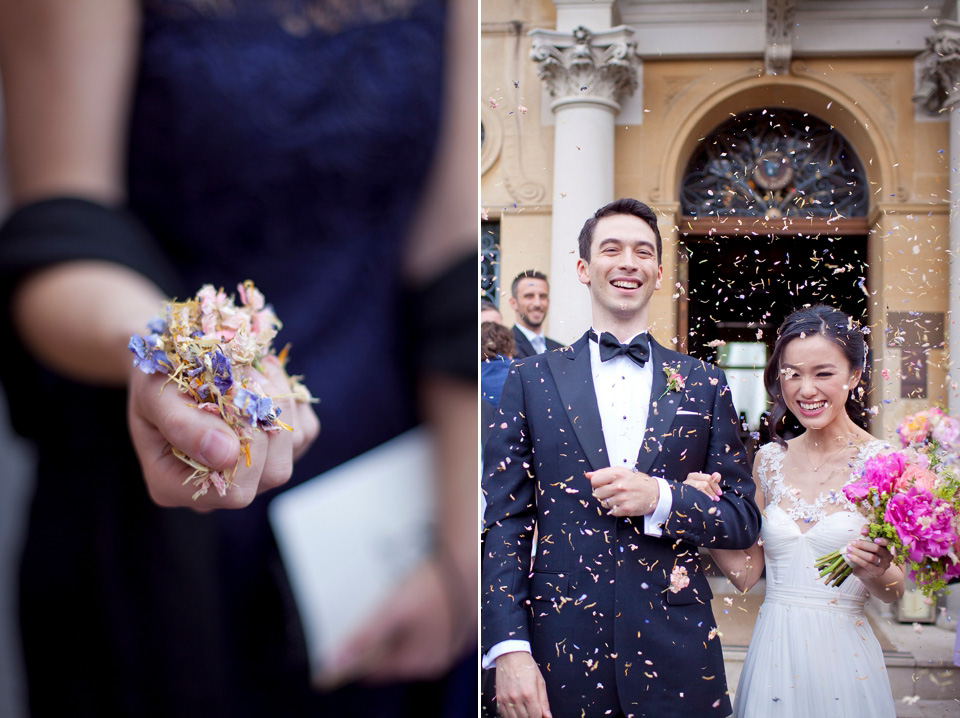 Tatyana Merenyuk wedding dress, black tie wedding, pink peonies, wedding peonies, Chinese bride, Fetcham Park Wedding Venue, Surrey. Photography by Emma Sekhon.