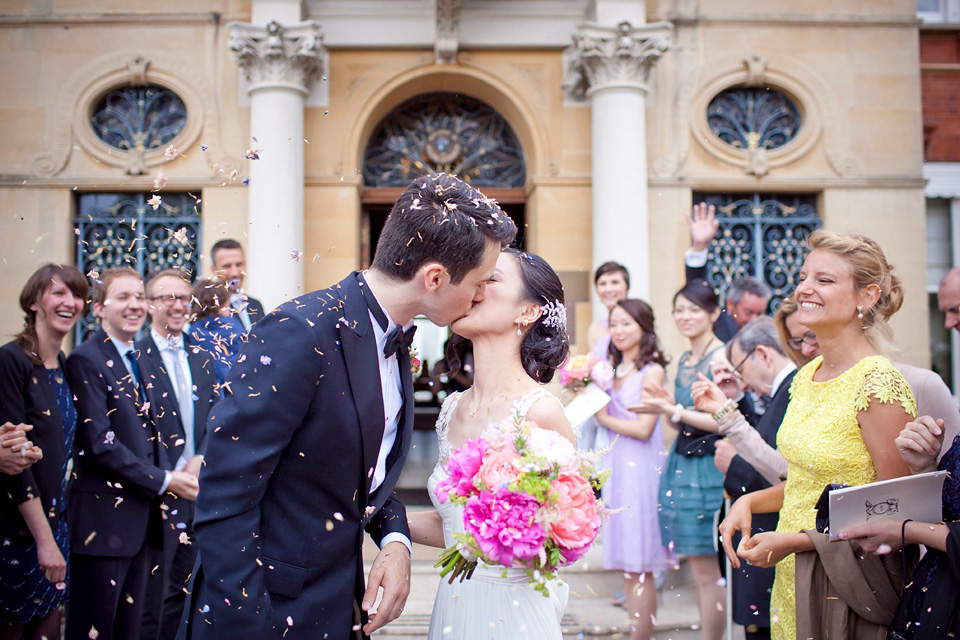 Tatyana Merenyuk wedding dress, black tie wedding, pink peonies, wedding peonies, Chinese bride, Fetcham Park Wedding Venue, Surrey. Photography by Emma Sekhon.