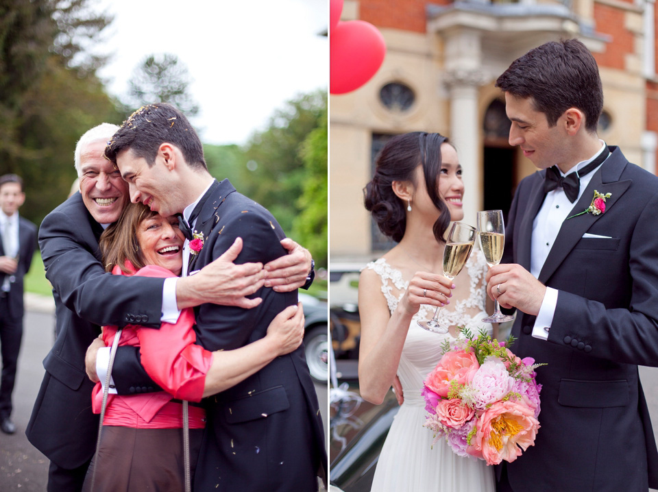 Tatyana Merenyuk wedding dress, black tie wedding, pink peonies, wedding peonies, Chinese bride, Fetcham Park Wedding Venue, Surrey. Photography by Emma Sekhon.