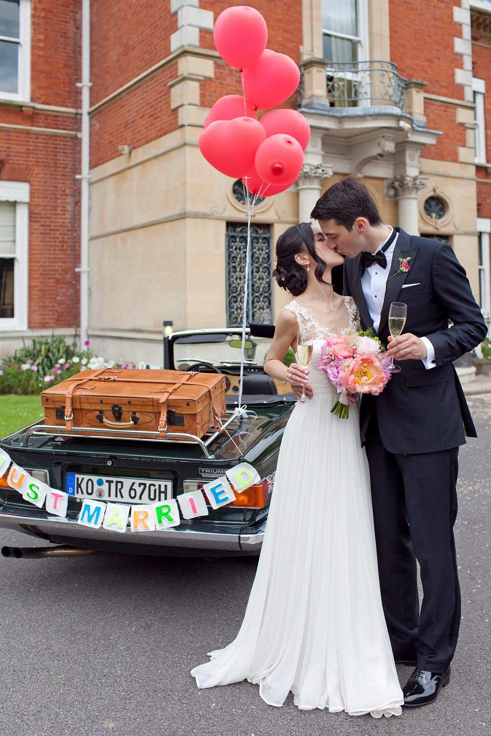 Tatyana Merenyuk wedding dress, black tie wedding, pink peonies, wedding peonies, Chinese bride, Fetcham Park Wedding Venue, Surrey. Photography by Emma Sekhon.