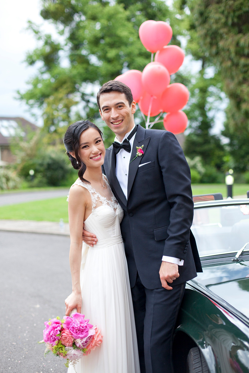 Tatyana Merenyuk wedding dress, black tie wedding, pink peonies, wedding peonies, Chinese bride, Fetcham Park Wedding Venue, Surrey. Photography by Emma Sekhon.