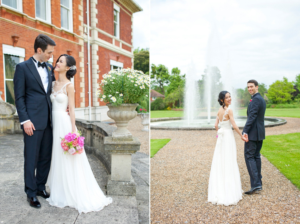 Tatyana Merenyuk wedding dress, black tie wedding, pink peonies, wedding peonies, Chinese bride, Fetcham Park Wedding Venue, Surrey. Photography by Emma Sekhon.