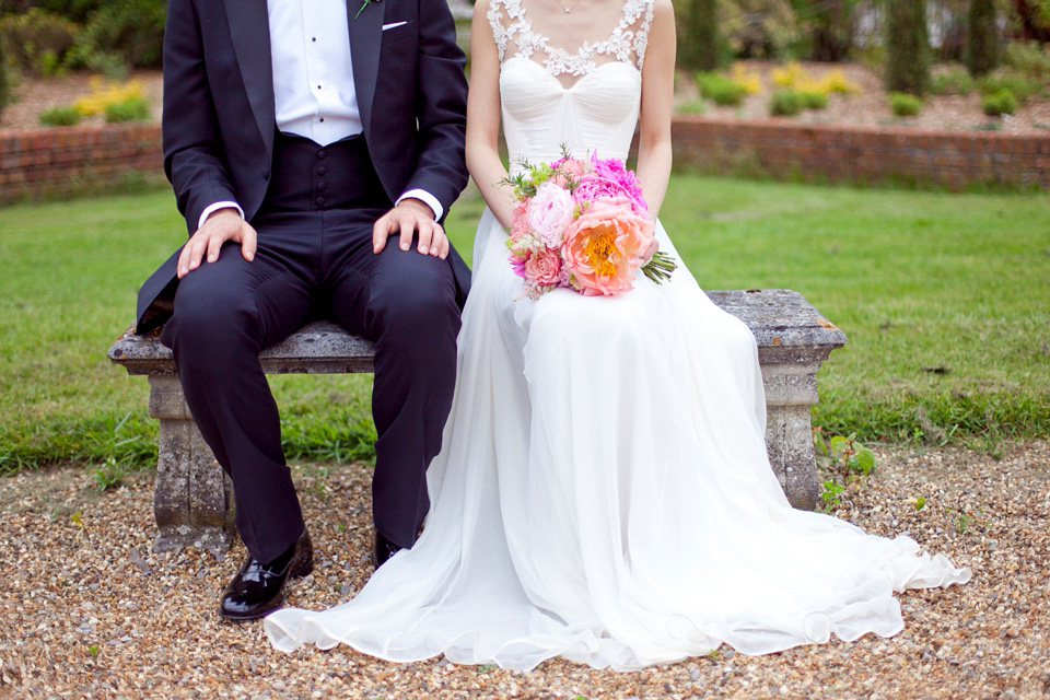 Tatyana Merenyuk wedding dress, black tie wedding, pink peonies, wedding peonies, Chinese bride, Fetcham Park Wedding Venue, Surrey. Photography by Emma Sekhon.