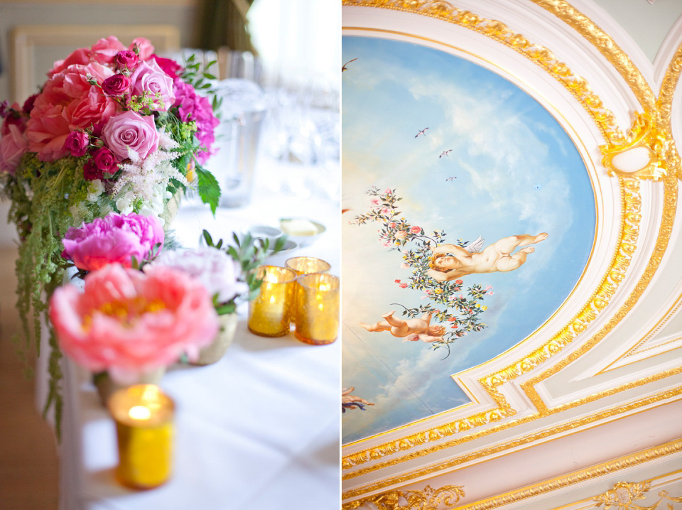 Tatyana Merenyuk wedding dress, black tie wedding, pink peonies, wedding peonies, Chinese bride, Fetcham Park Wedding Venue, Surrey. Photography by Emma Sekhon.