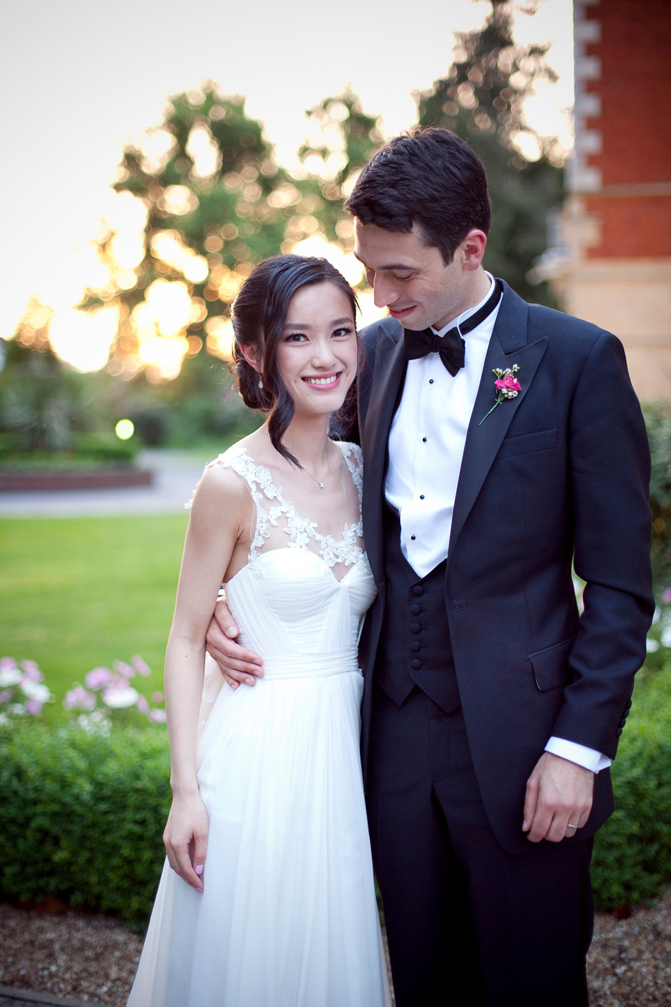 Tatyana Merenyuk wedding dress, black tie wedding, pink peonies, wedding peonies, Chinese bride, Fetcham Park Wedding Venue, Surrey. Photography by Emma Sekhon.