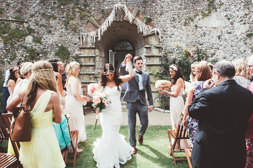 Boho Luxe wedding, Lewes Castle wedding ceremony, barn wedding, boho bride, bohemian bride, pastel paper pom poms, maryanneweddings.com Photography