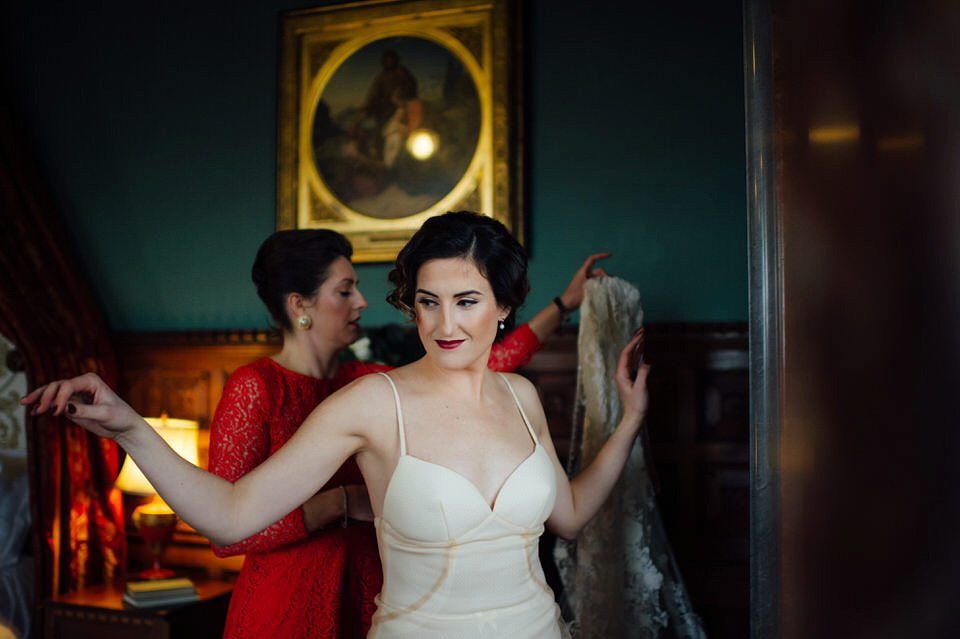 Mount Stuart Isle of Bute, Wedding in Scotland, YolanCri wedding dress, Hollywood glamour inspired bride, bride in red lipstick, burgundy bridesmaids dresses, Humanist wedding // All images by Lisa Devine Photography.