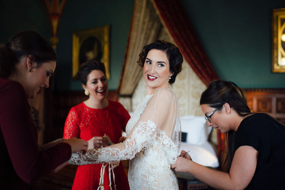 Mount Stuart Isle of Bute, Wedding in Scotland, YolanCri wedding dress, Hollywood glamour inspired bride, bride in red lipstick, burgundy bridesmaids dresses, Humanist wedding // All images by Lisa Devine Photography.