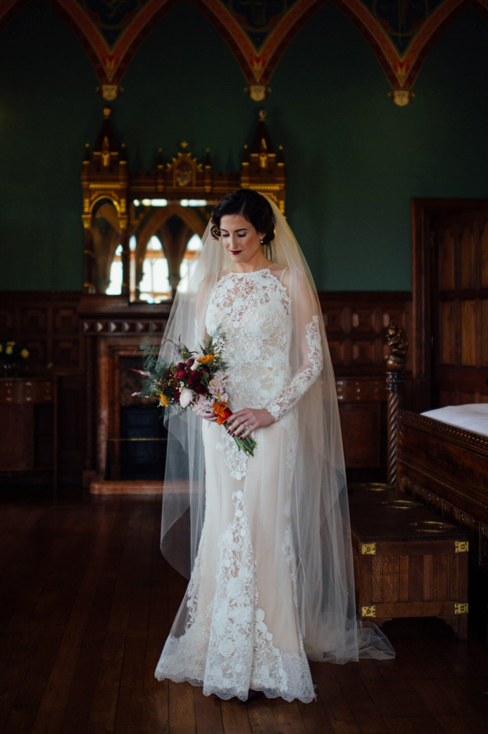 Mount Stuart Isle of Bute, Wedding in Scotland, YolanCri wedding dress, Hollywood glamour inspired bride, bride in red lipstick, burgundy bridesmaids dresses, Humanist wedding // All images by Lisa Devine Photography.