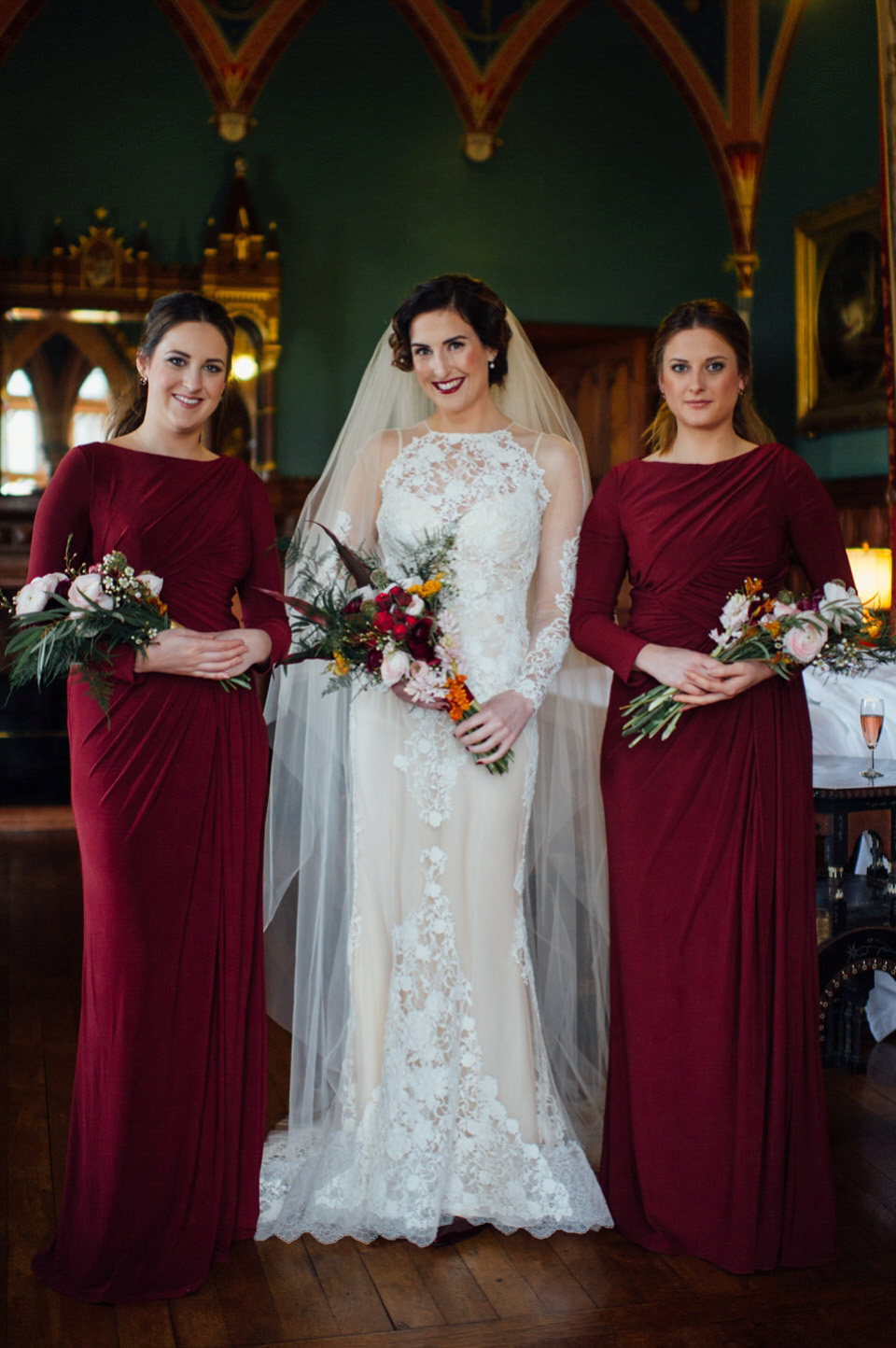 Mount Stuart Isle of Bute, Wedding in Scotland, YolanCri wedding dress, Hollywood glamour inspired bride, bride in red lipstick, burgundy bridesmaids dresses, Humanist wedding // All images by Lisa Devine Photography.