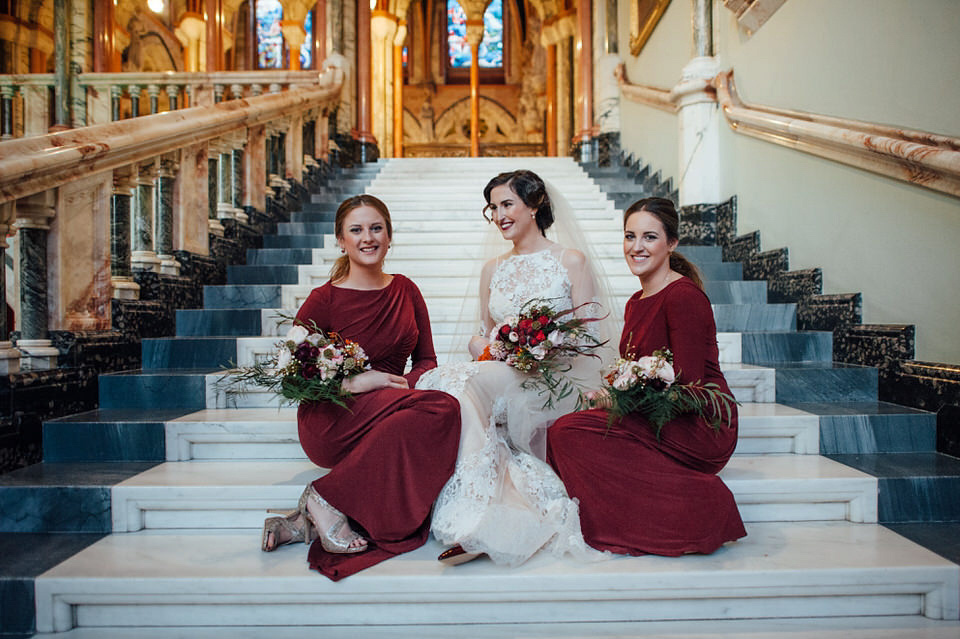 Mount Stuart Isle of Bute, Wedding in Scotland, YolanCri wedding dress, Hollywood glamour inspired bride, bride in red lipstick, burgundy bridesmaids dresses, Humanist wedding // All images by Lisa Devine Photography.