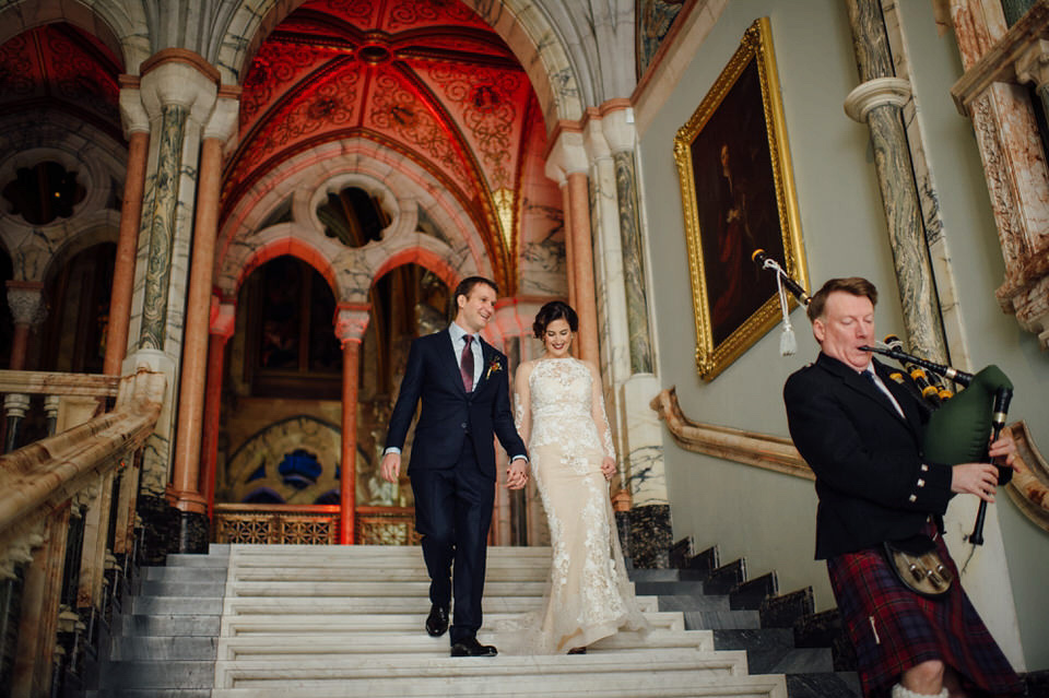 Mount Stuart Isle of Bute, Wedding in Scotland, YolanCri wedding dress, Hollywood glamour inspired bride, bride in red lipstick, burgundy bridesmaids dresses, Humanist wedding // All images by Lisa Devine Photography.