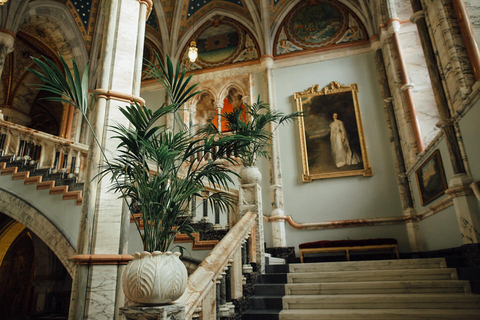 Mount Stuart Isle of Bute, Wedding in Scotland, YolanCri wedding dress, Hollywood glamour inspired bride, bride in red lipstick, burgundy bridesmaids dresses, Humanist wedding // All images by Lisa Devine Photography.