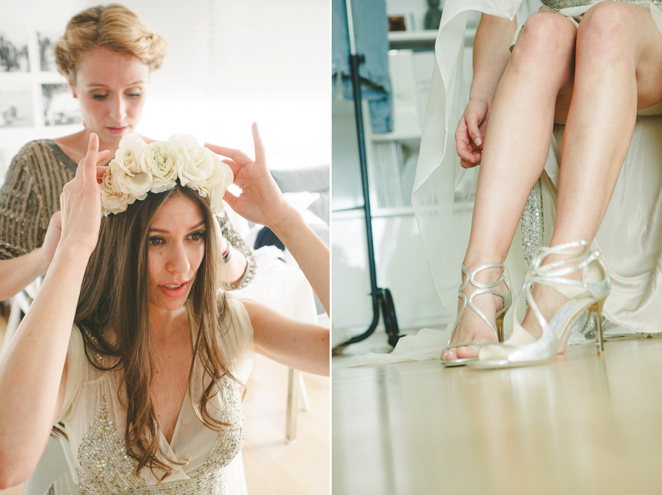 A bride wearing a sequin BHLDN gown for her boho-luxe outdoor ceremony wedding in Spain. Photography by Susana Rios. Boho Luxe wedding, sequin BHLDN wedding dress, BHLDN flowergirl tutus, outdoor wedding ceremony, wedding in Spain, floral crown // Susana Rios Photography.