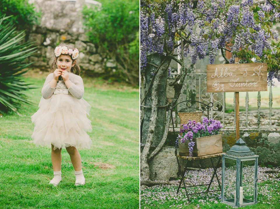 Boho Luxe wedding, sequin BHLDN wedding dress, BHLDN flowergirl tutus, outdoor wedding ceremony, wedding in Spain, floral crown // Susana Rios Photography.