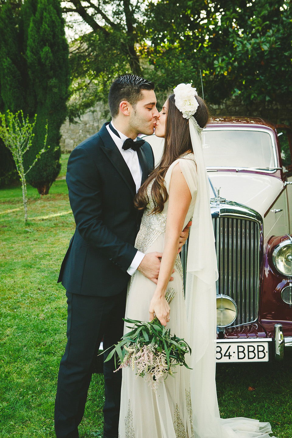 Boho Luxe wedding, sequin BHLDN wedding dress, BHLDN flowergirl tutus, outdoor wedding ceremony, wedding in Spain, floral crown // Susana Rios Photography.