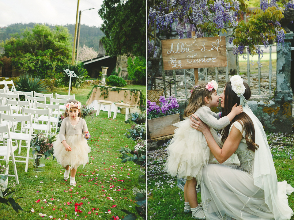 A bride wearing a sequin BHLDN gown for her boho-luxe outdoor ceremony wedding in Spain. Photography by Susana Rios. Boho Luxe wedding, sequin BHLDN wedding dress, BHLDN flowergirl tutus, outdoor wedding ceremony, wedding in Spain, floral crown // Susana Rios Photography.