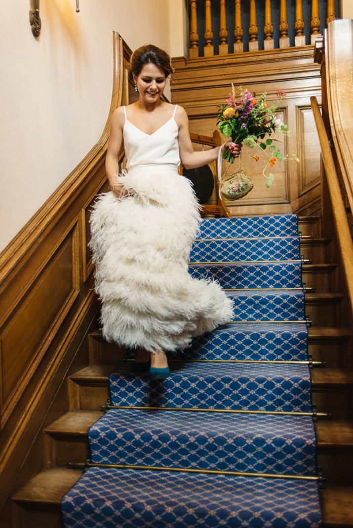 Bridal separates, Charlie brear, ostrich feather skirt, Scottish wedding, barn wedding, quirky wedding, colourful wedding, wedding skirt and top // Photos by Zoe