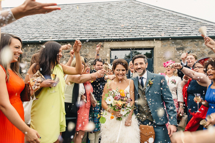 Bridal separates, Charlie brear, ostrich feather skirt, Scottish wedding, barn wedding, quirky wedding, colourful wedding, wedding skirt and top // Photos by Zoe