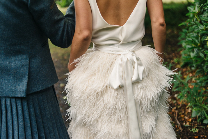 Bridal separates, Charlie brear, ostrich feather skirt, Scottish wedding, barn wedding, quirky wedding, colourful wedding, wedding skirt and top // Photos by Zoe
