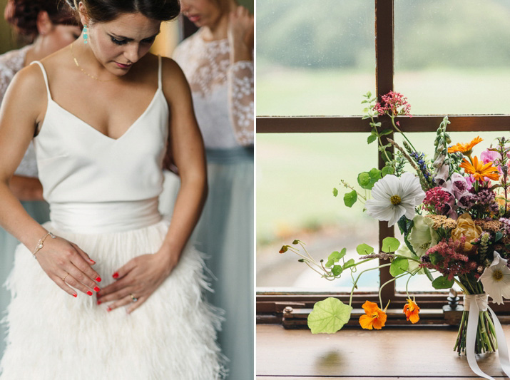 Bridal separates, Charlie brear, ostrich feather skirt, Scottish wedding, barn wedding, quirky wedding, colourful wedding, wedding skirt and top // Photos by Zoe