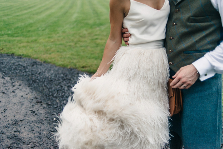 Bridal separates, Charlie brear, ostrich feather skirt, Scottish wedding, barn wedding, quirky wedding, colourful wedding, wedding skirt and top // Photos by Zoe
