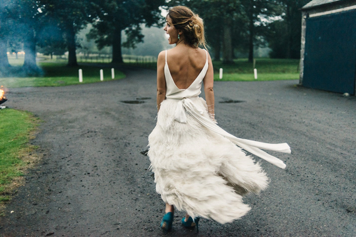 Bridal separates, Charlie brear, ostrich feather skirt, Scottish wedding, barn wedding, quirky wedding, colourful wedding, wedding skirt and top // Photos by Zoe