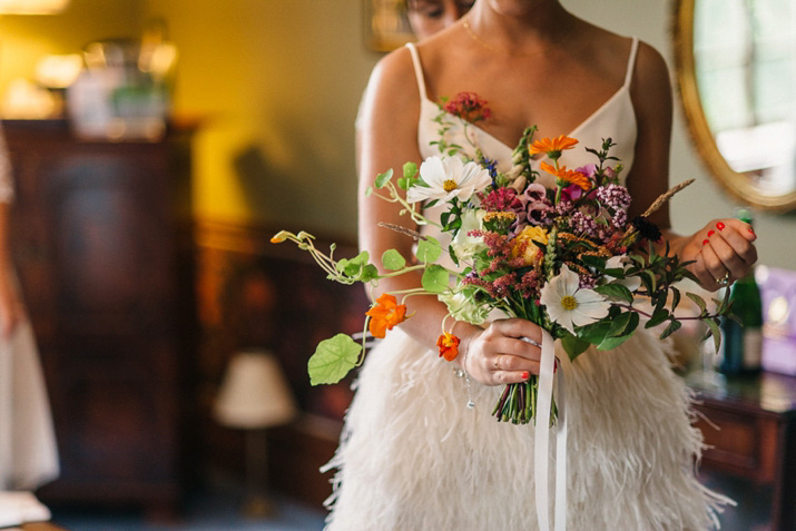 Bridal separates, Charlie brear, ostrich feather skirt, Scottish wedding, barn wedding, quirky wedding, colourful wedding, wedding skirt and top // Photos by Zoe