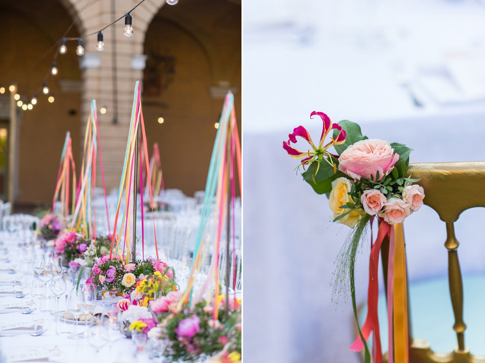 A vibrant pink, coral and colourful Italan Palazzo wedding with a bride wearing Comme des Garçons. Photography by Giuli e Giordi.