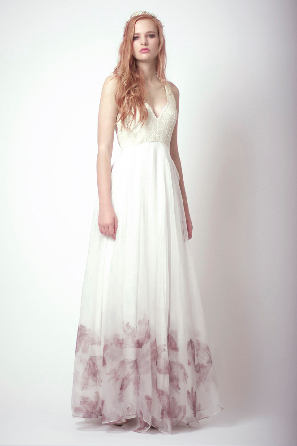 floral wedding dress, hand printed wedding dress, loriex, lorie x