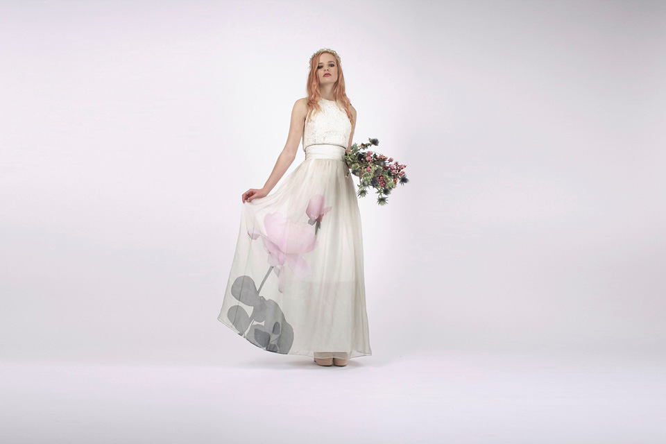 floral wedding dress, hand printed wedding dress, loriex, lorie x