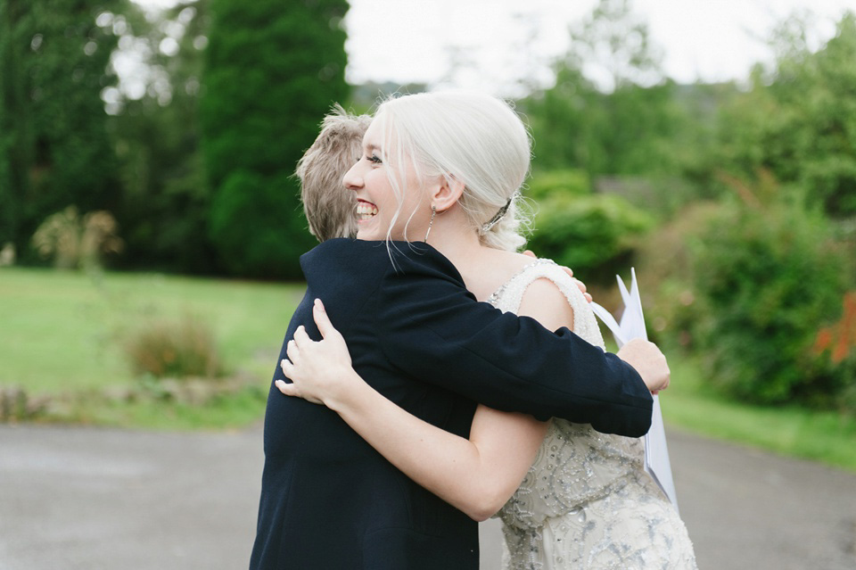 Esme by Jenny Packham, Loch Lomond wedding Scotland, grey wedding, yellow wedding, Humanist hand fasting ceremony.  Struve Photography