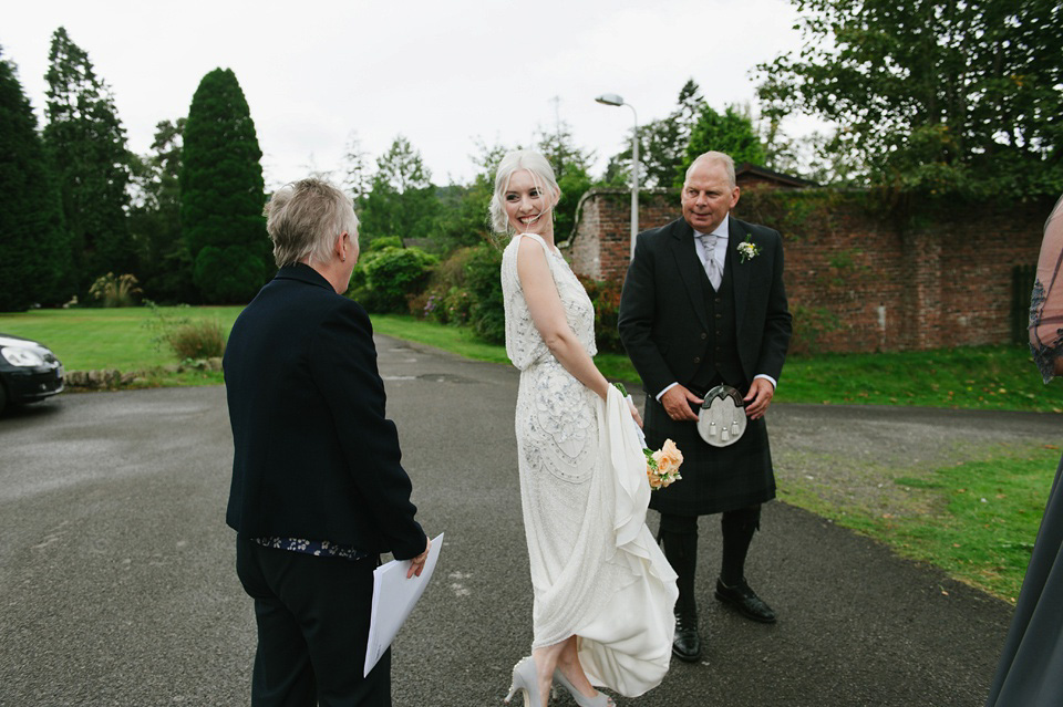 Esme by Jenny Packham, Loch Lomond wedding Scotland, grey wedding, yellow wedding, Humanist hand fasting ceremony.  Struve Photography