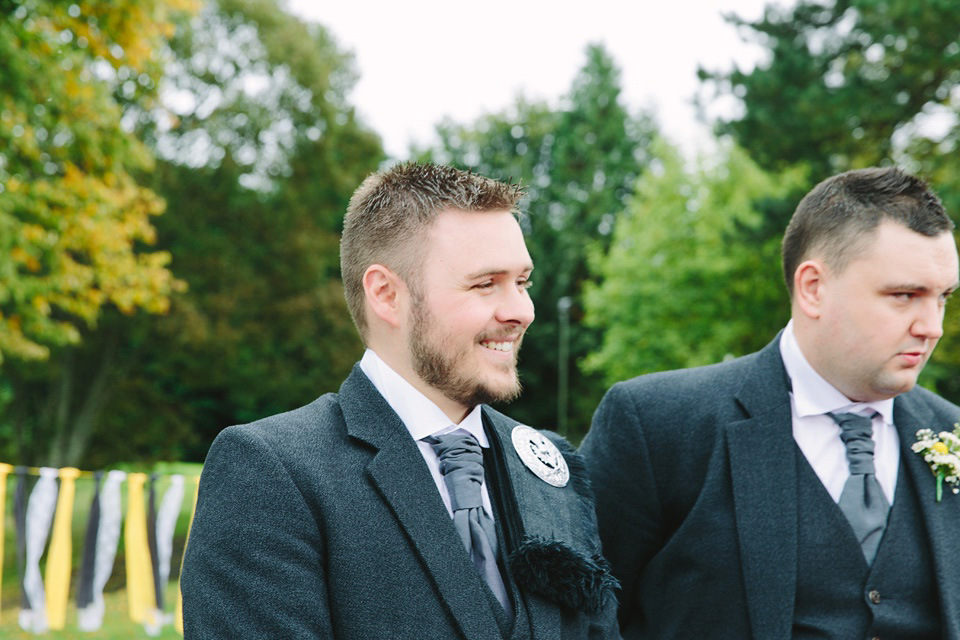 Esme by Jenny Packham, Loch Lomond wedding Scotland, grey wedding, yellow wedding, Humanist hand fasting ceremony.  Struve Photography