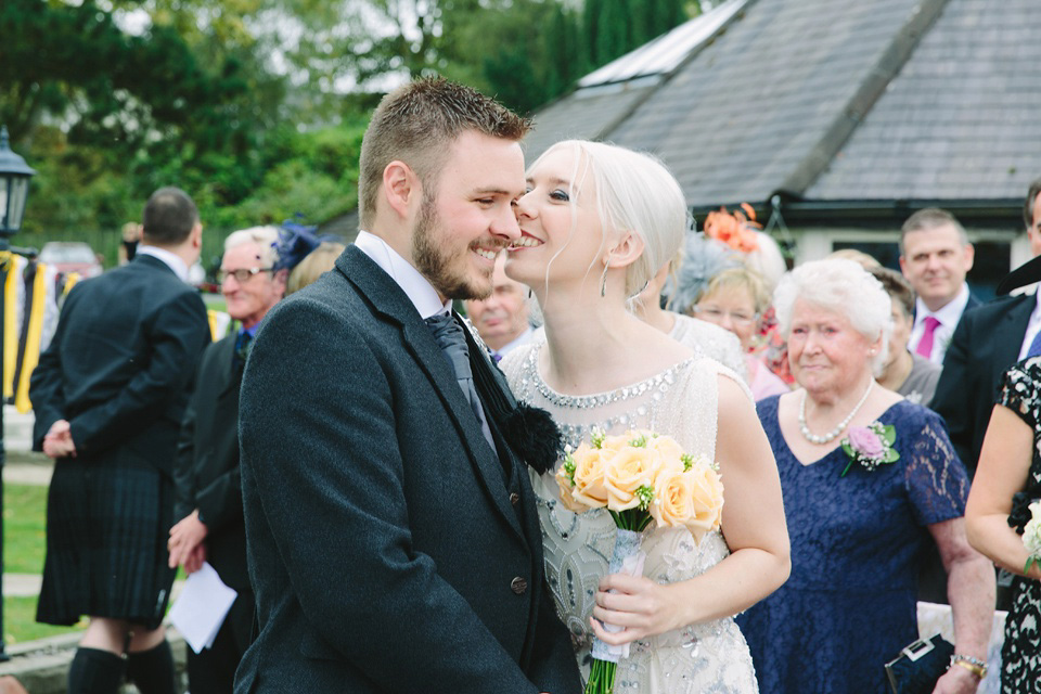 Esme by Jenny Packham, Loch Lomond wedding Scotland, grey wedding, yellow wedding, Humanist hand fasting ceremony.  Struve Photography